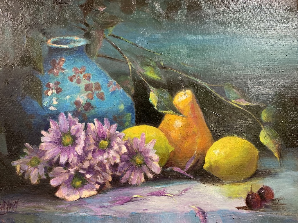Little Blue Vase — original oil painting on canvas by Carol D'Arcy. 40×30cm. © Carol D'Arcy.