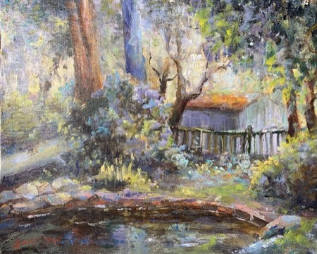 My Garden in the Afternoon — original oil painting on canvas by Carol D'Arcy. 30.5×25.5cm. For sale $490 AUD. © Carol D'Arcy.